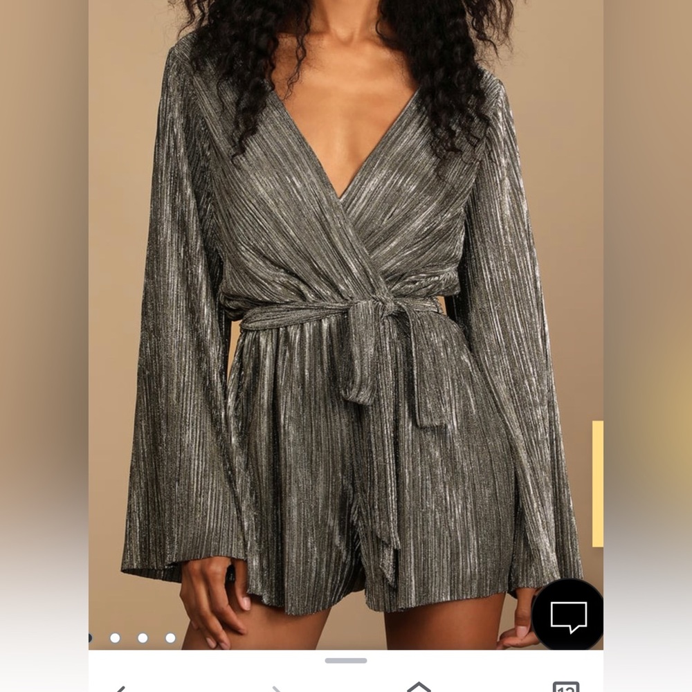 She + Sky Metallic Silver Plissé V-Neck Romper